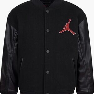 Jordan Varsity Jacket Black Wool Leather Sleeves Jumpman Snap Up Size L 12-13yr